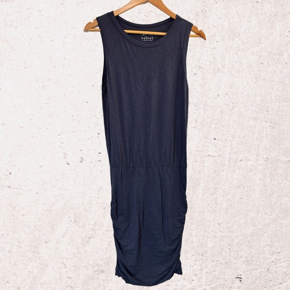 Velvet Blue Ruched Sheath Midi Dress - Picture 1 of 4